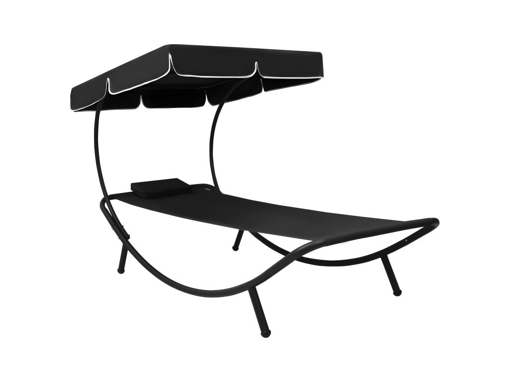Lit De Repos Transat Chaise Longue D'extérieur 200 Cm Avec Auvent Et Oreiller Noir 02_0012008