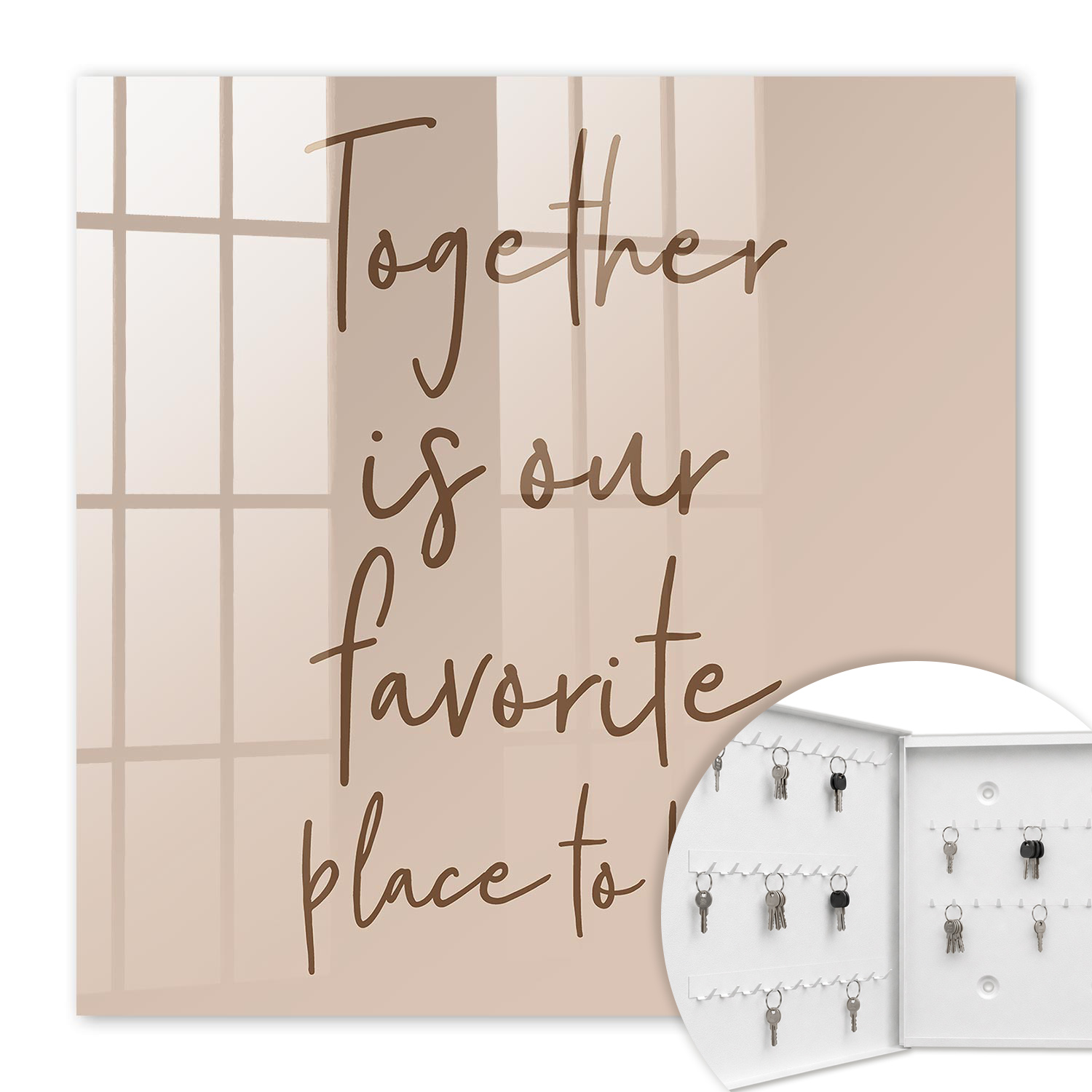 Armoire À Clés - (30 Cm X 30 Cm) - Boîte À Clés Murale - Coffret De Rangement Pour Clés - Couleur Blanche - Ouverture Vers La Gauche - Pour Maison Et Bureau - L'Inscription " Ensemble, C'Est Notre End