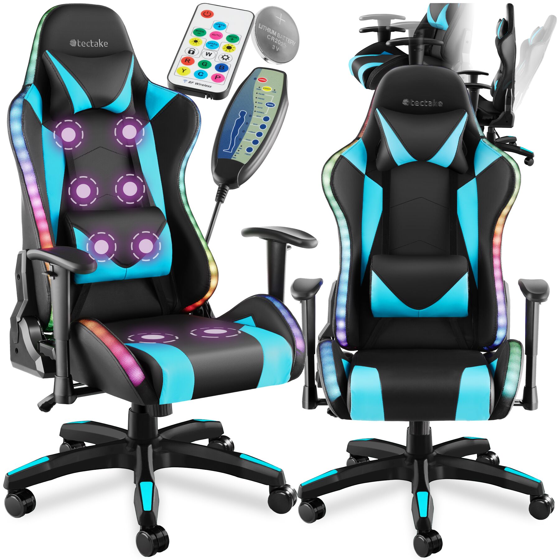 Chaise De Gaming Dossier Réglable Avec Fonction Massage Et Led Azur