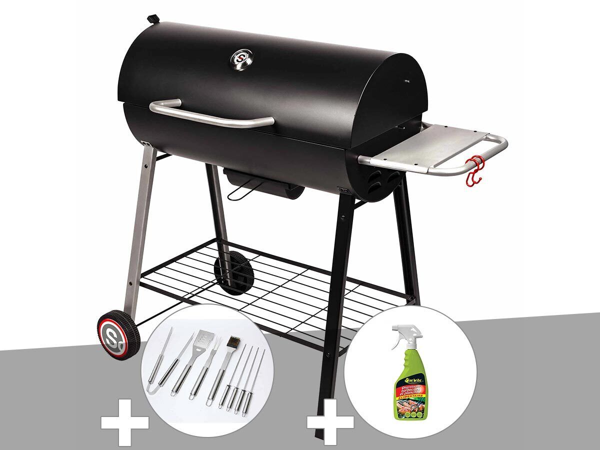 Barbecue À Charbon Sur Chariot Michigan + Malette De 8 Accessoires Inox +
