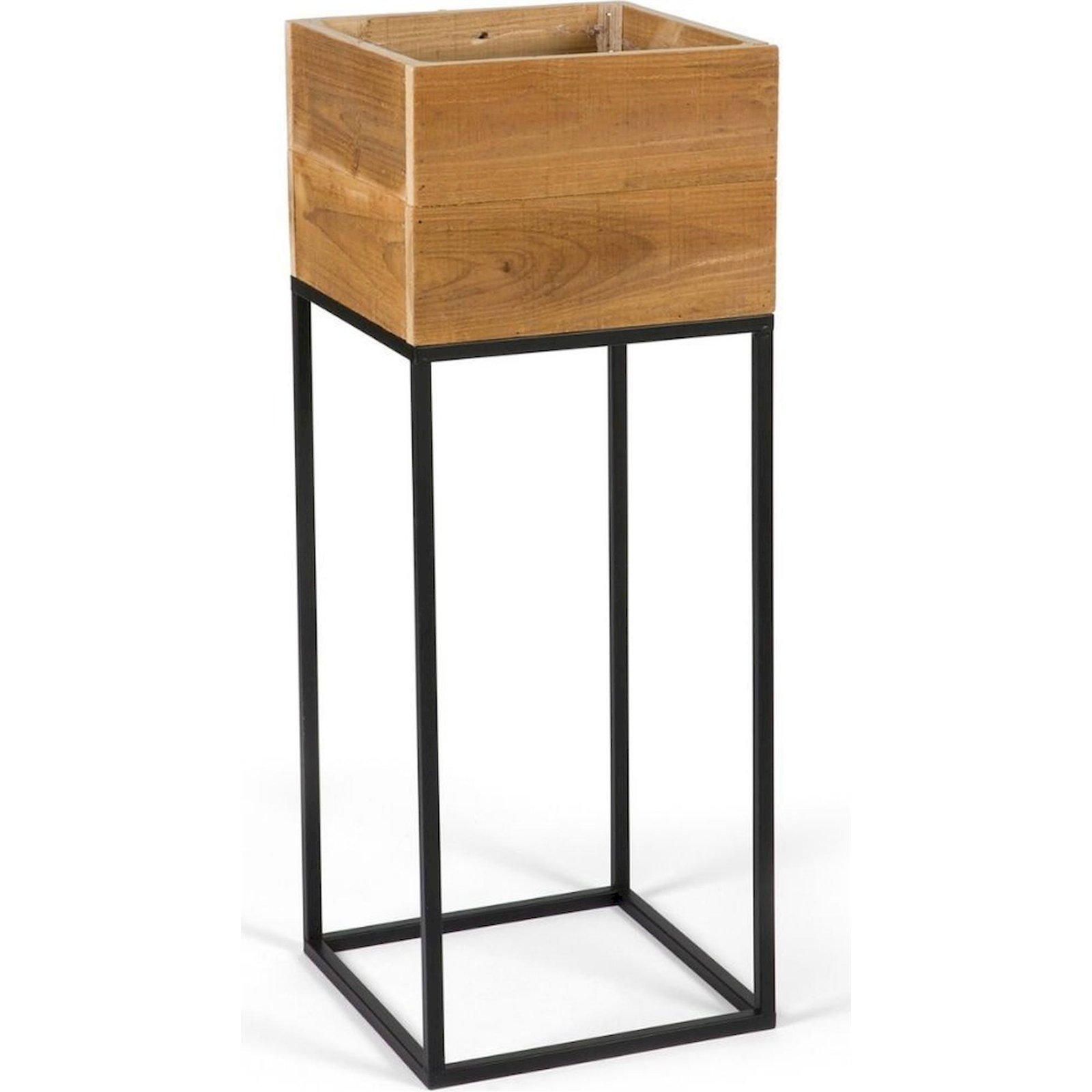 Cache Pot Sur Pied En Bois Recyclé Style Rustique Pour Intérieur - Bois Naturel Et Métal Noir