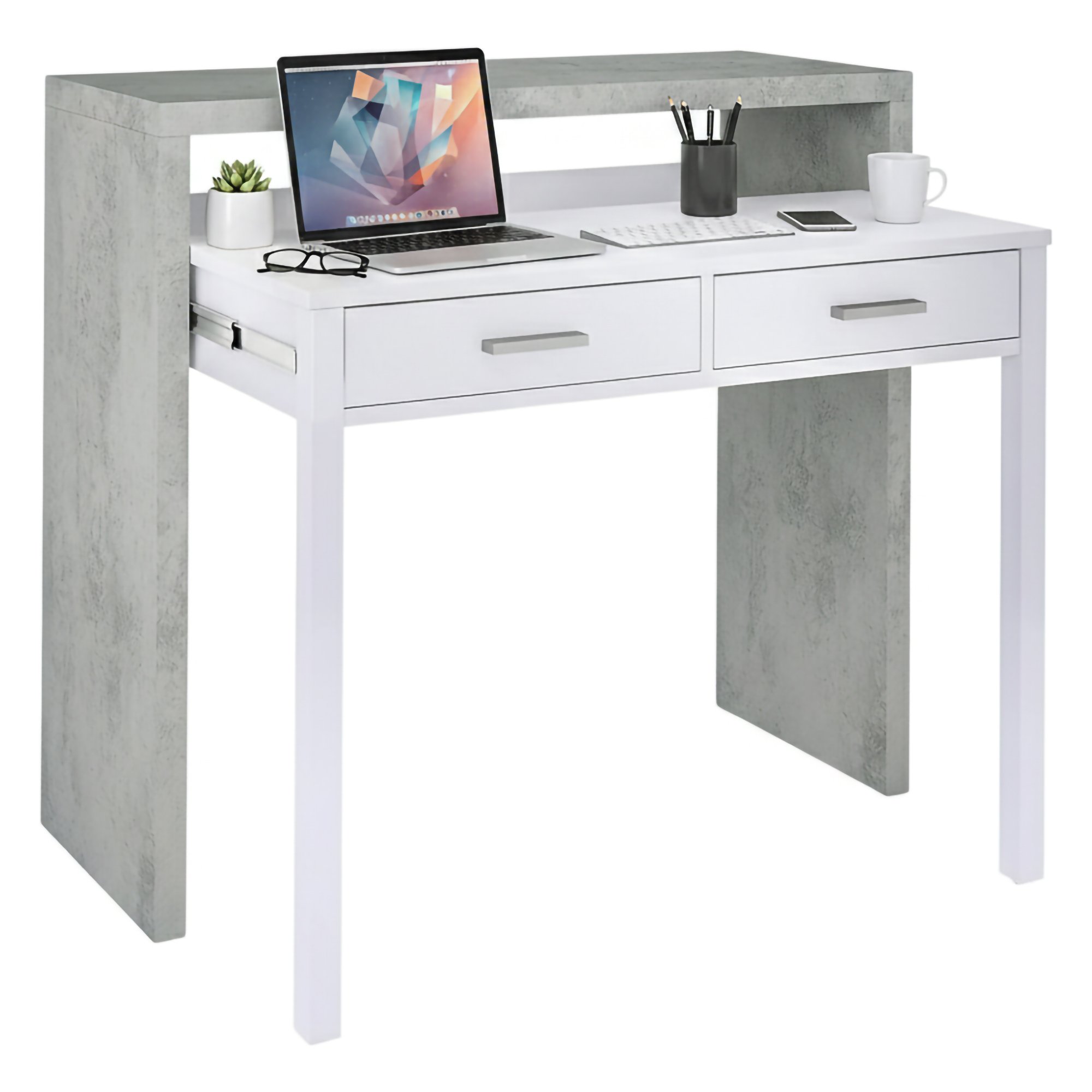 Bureau,effet Bois,ciment, Blanc,98.5x36h87.5 Cm