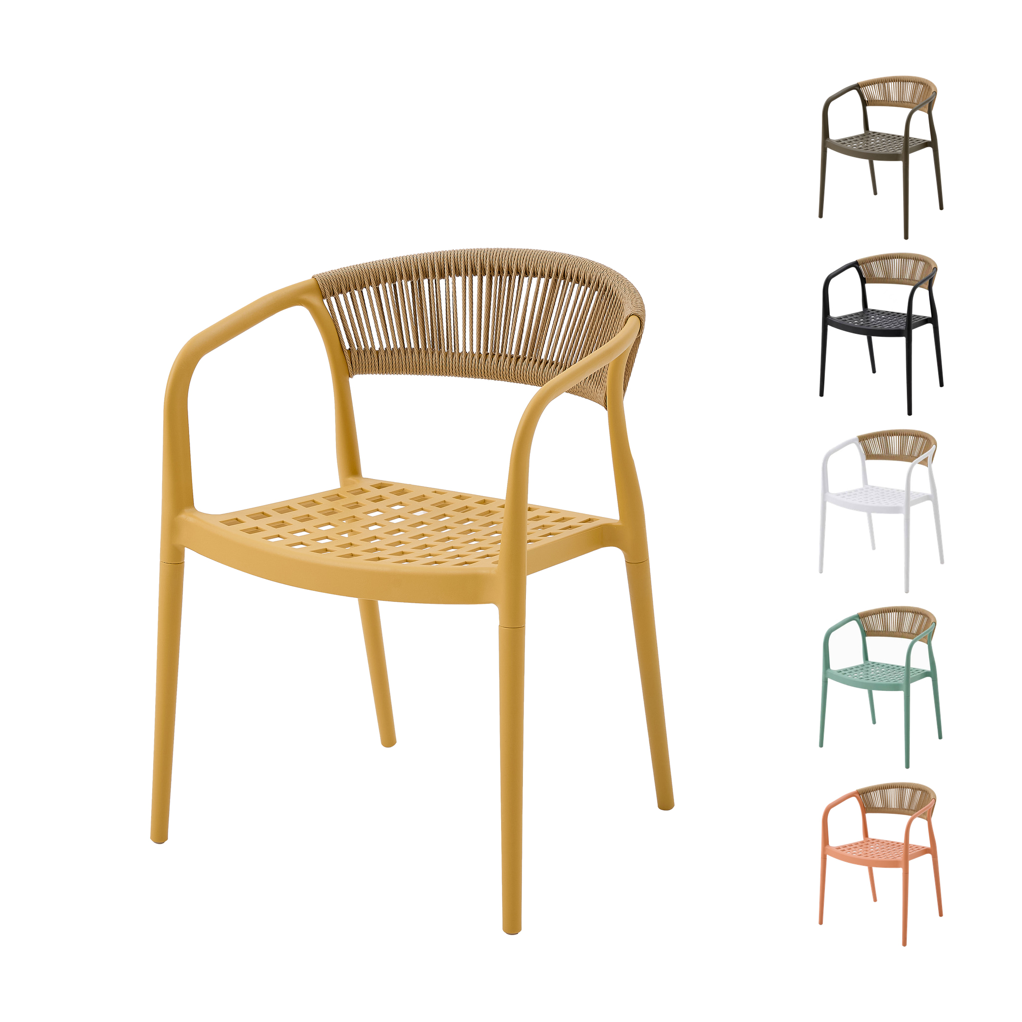 6 X Chaises De Jardin Solaro Pp Résistant Aux Uv & Dossier En Corde Tressée Main Jaune Set De 6