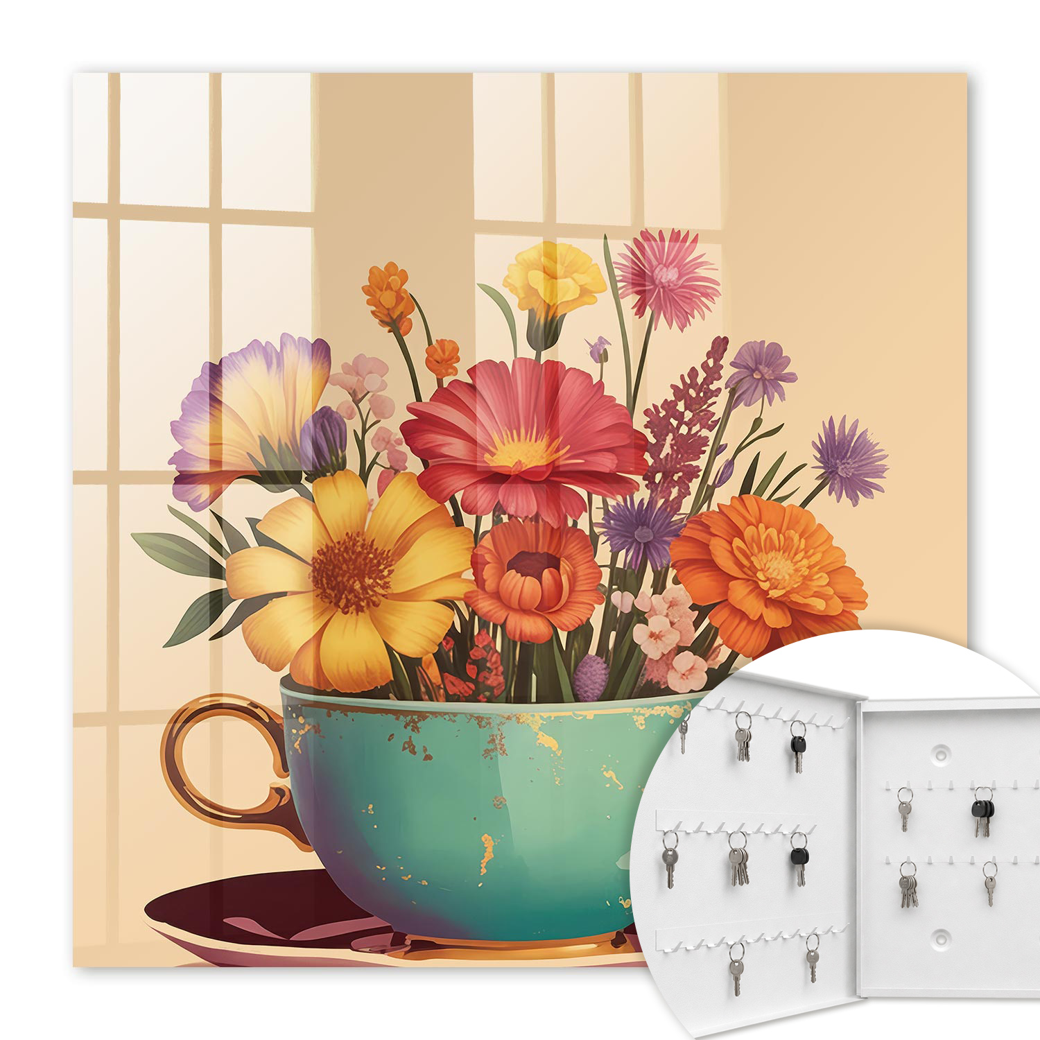 Armoire À Clés - (30 Cm X 30 Cm) - Boîte À Clés Murale - Coffret De Rangement Pour Clés - Couleur Blanche - Ouverture Vers La Gauche - Pour Maison Et Bureau - Coupe De Fleurs