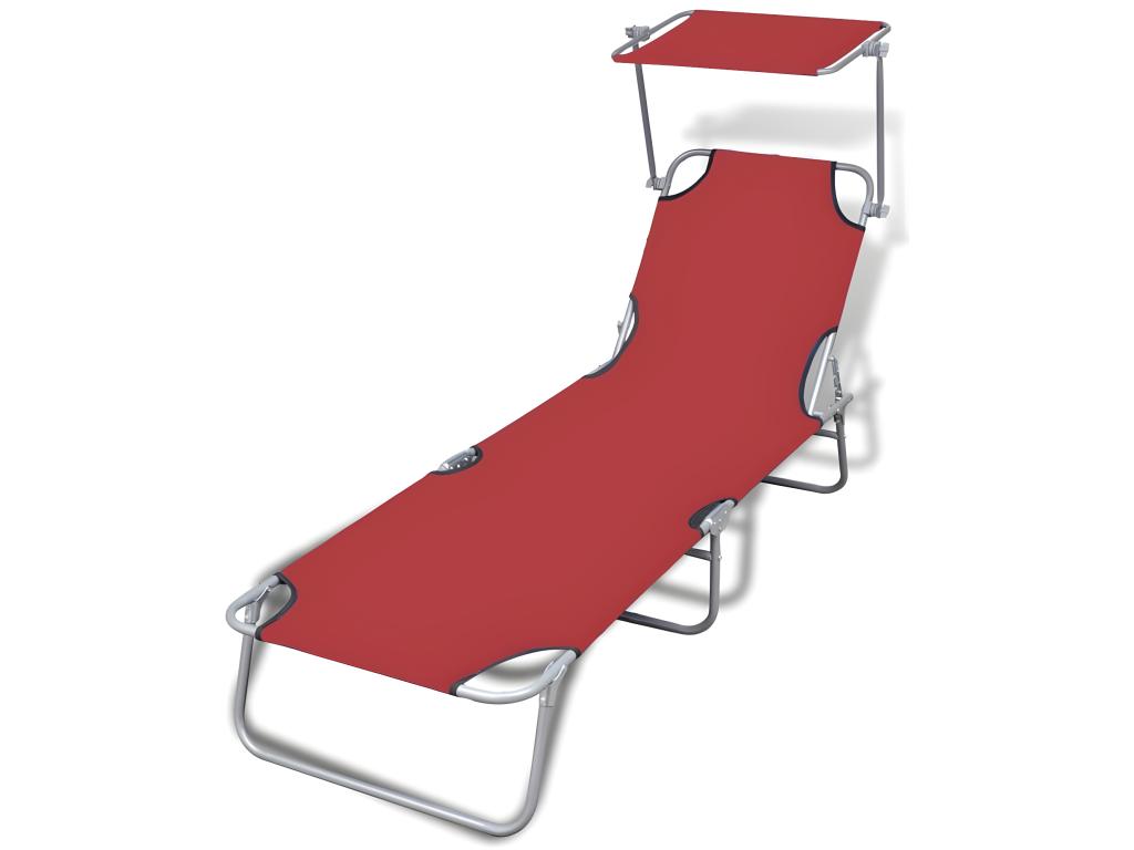 Transat Chaise Longue Bain De Soleil Lit De Jardin Terrasse Meuble D'extérieur Pliable Avec Auvent Acier Et Tissu Rouge