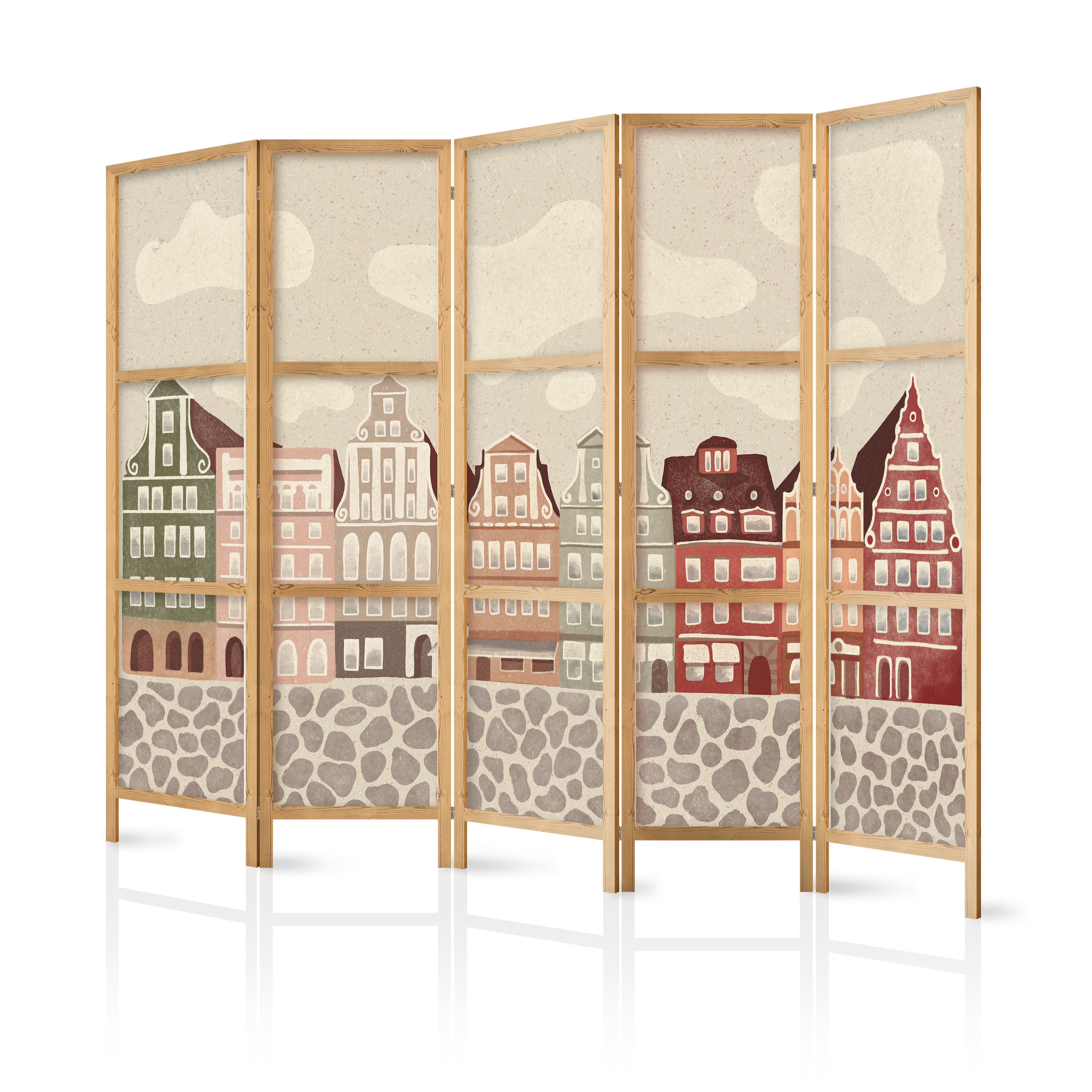 Paravent Japonais - Maisons De Ville Illustrées Contre Un Ciel Avec Des Nuages. 225x172