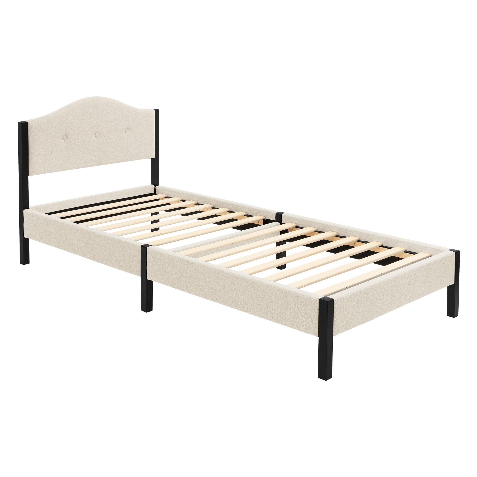 Ml-design Lit Rembourré 90x200 Cm Beige Cadre De Lit Simple Avec Sommier À Lattes Et Têtière Capitonné En Tissu De Lin Structure Robuste Stable En Acier Mobilier Pour Chambre À Coucher Montage Simple