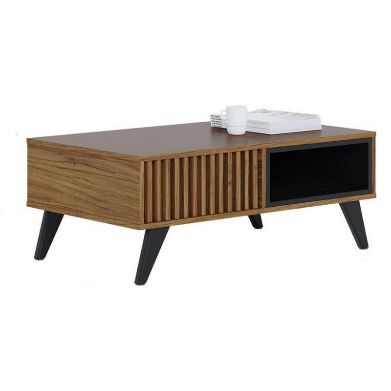 Table Basse Beaux Meubles Pas Chers Jeri 2 Niches 4 Pieds Noyer Noir Bois