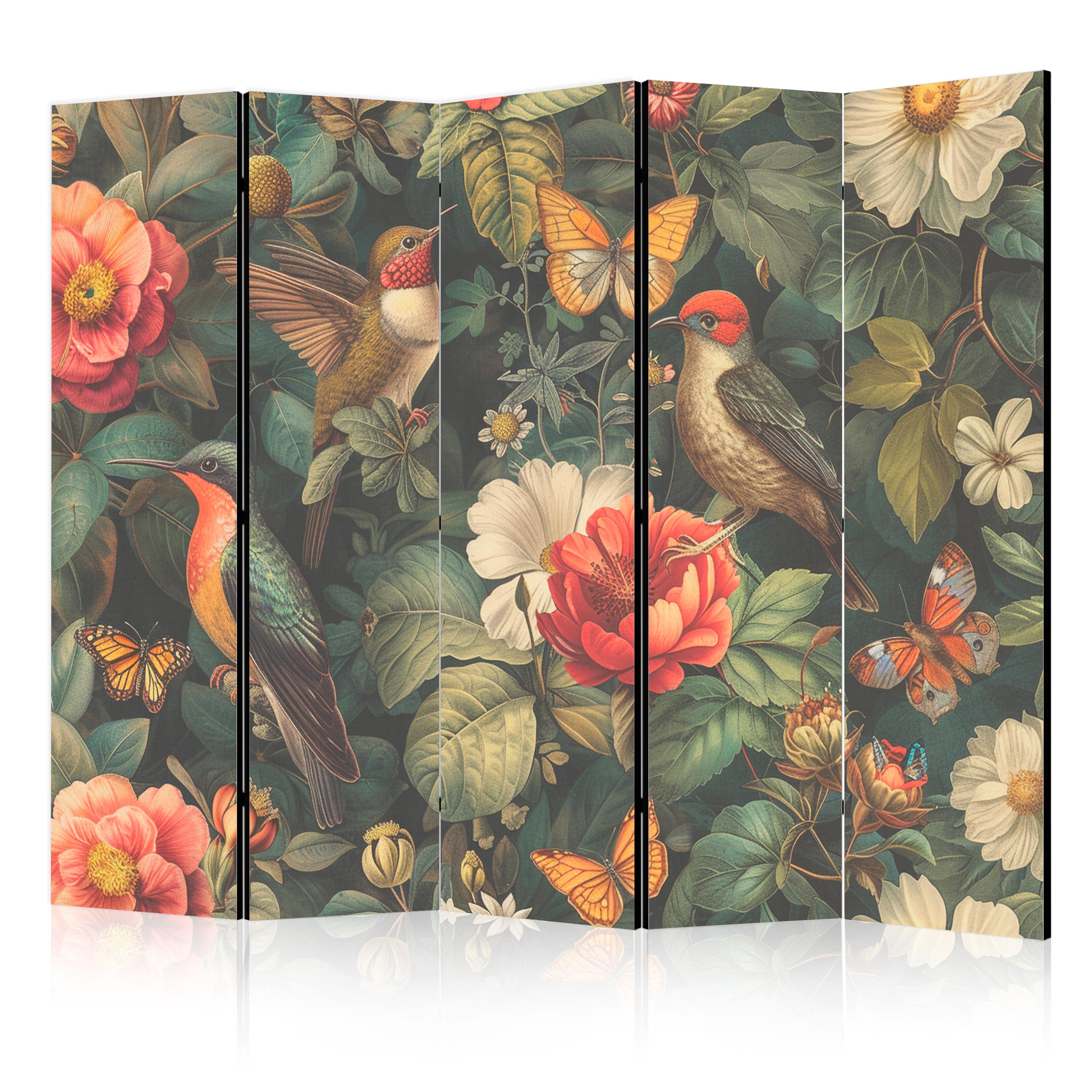 Paravent -fleurs Oiseaux Et Papillons - Illustration Colorée 225x172
