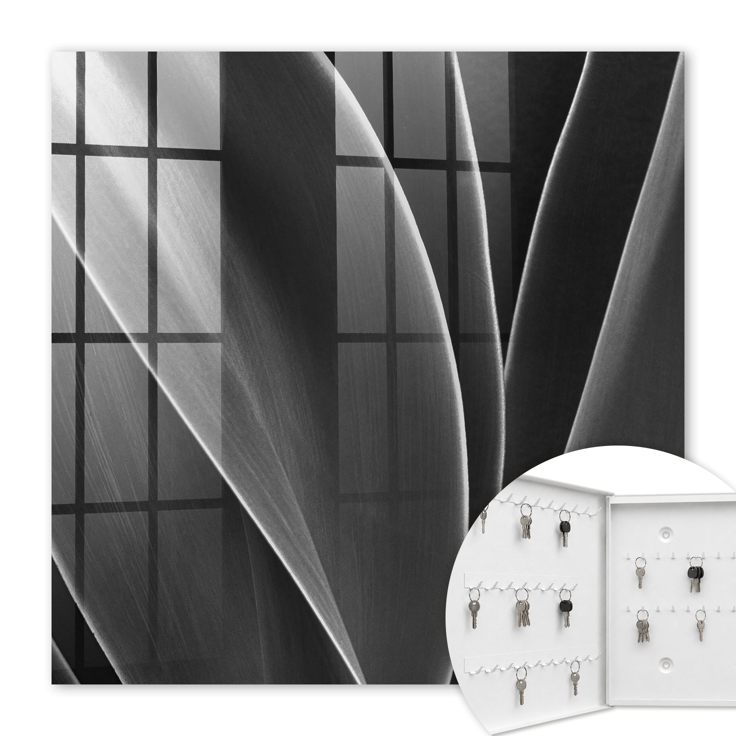 Armoire À Clés - (30 Cm X 30 Cm) - Boîte À Clés Murale - Coffret De Rangement Pour Clés - Couleur Blanche - Ouverture Vers La Gauche - Pour Maison Et Bureau - Feuilles Abstraites