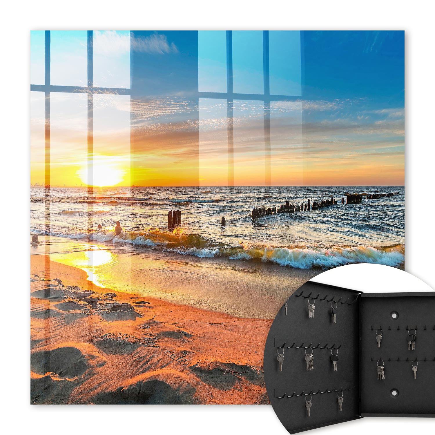 Armoire À Clés - (30 Cm X 30 Cm) - Boîte À Clés Murale - Coffret De Rangement Pour Clés - Couleur Noire - Ouverture Vers La Gauche - Pour Maison Et Bureau - Coucher De Soleil