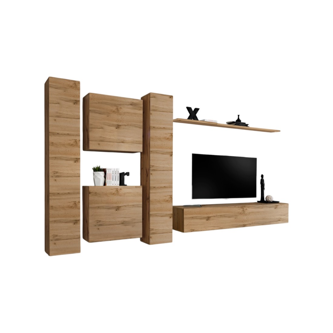 Composition Murale Switch Vi - Meuble Tv, Colonnes Et Cubes Suspendus - Chêne Wotan -