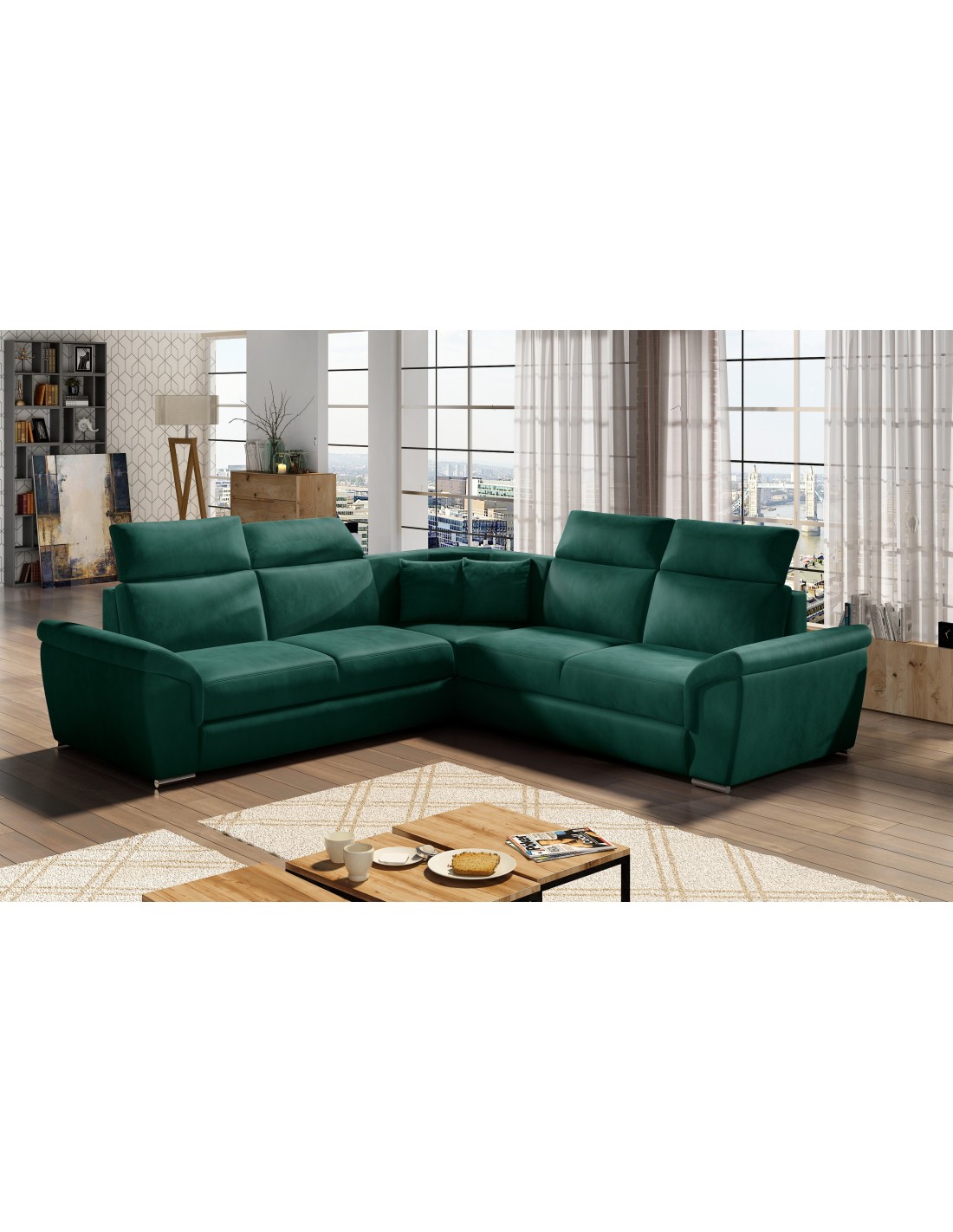 Canapé D'Angle Frederico Vert Foncé Avec Coffre Intégré 266x266cm