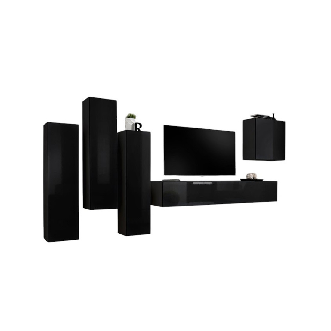 Meublorama - Ensemble Meubles Salon Switch Iii - Noir Brillant - Meuble Tv Et Rangements Suspendus Design