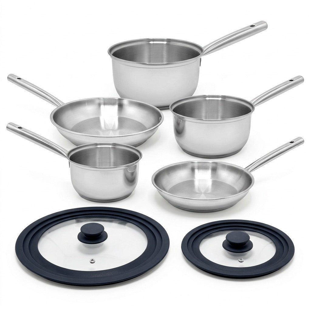 Lot De 3 Casseroles 18/20/22 Cm Et 2 Poêles 20/28 Cm En Inox Avec Couvercles Fackelmann Rhona