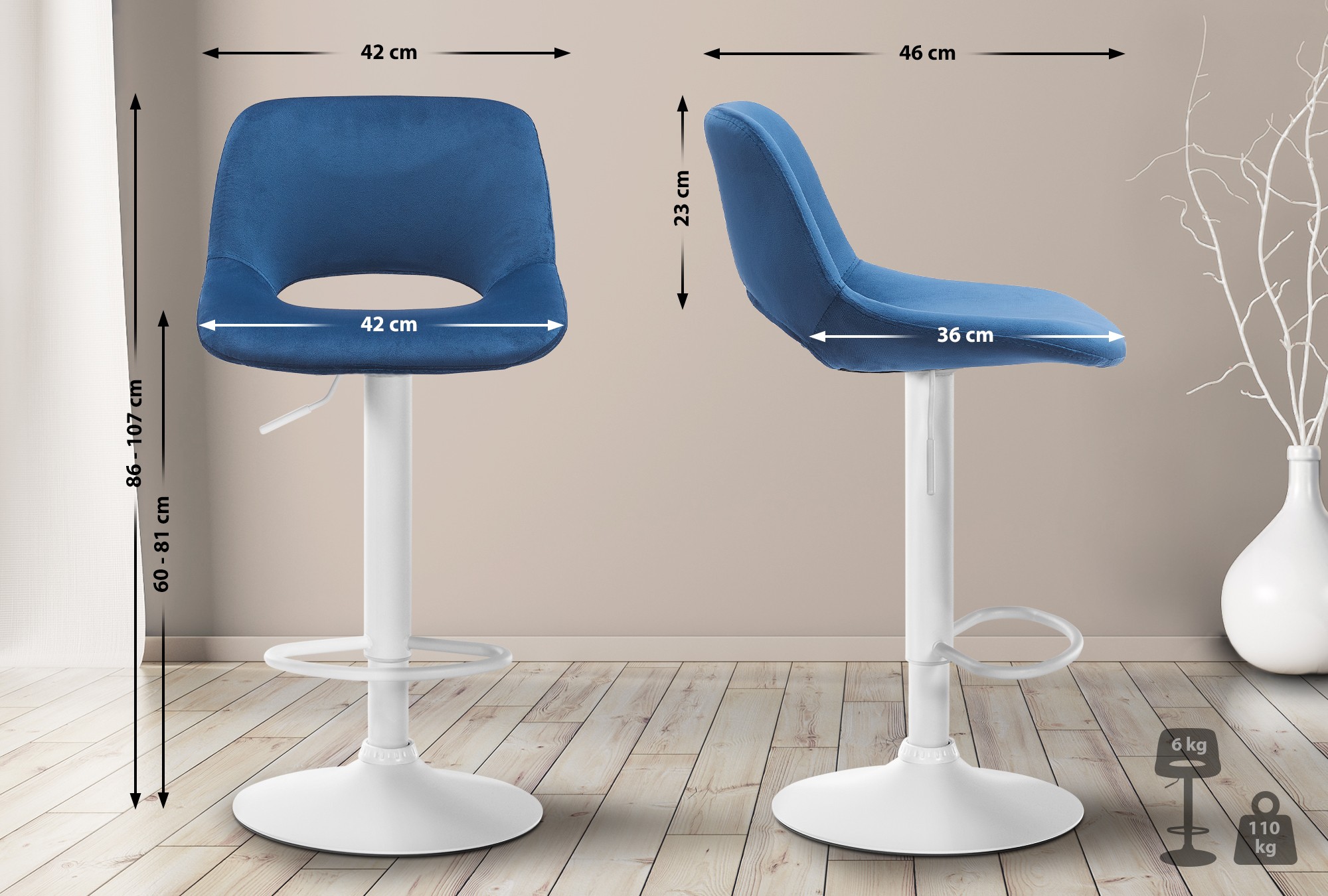 Tabouret De Bar Camden Velours Blanc Bleu