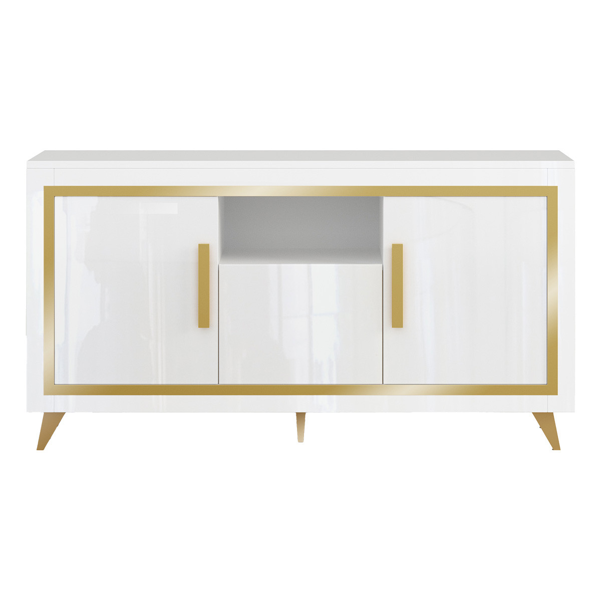 Jemma - Buffet 3 Portes Laqué Blanc Et Décor Doré Avec Leds