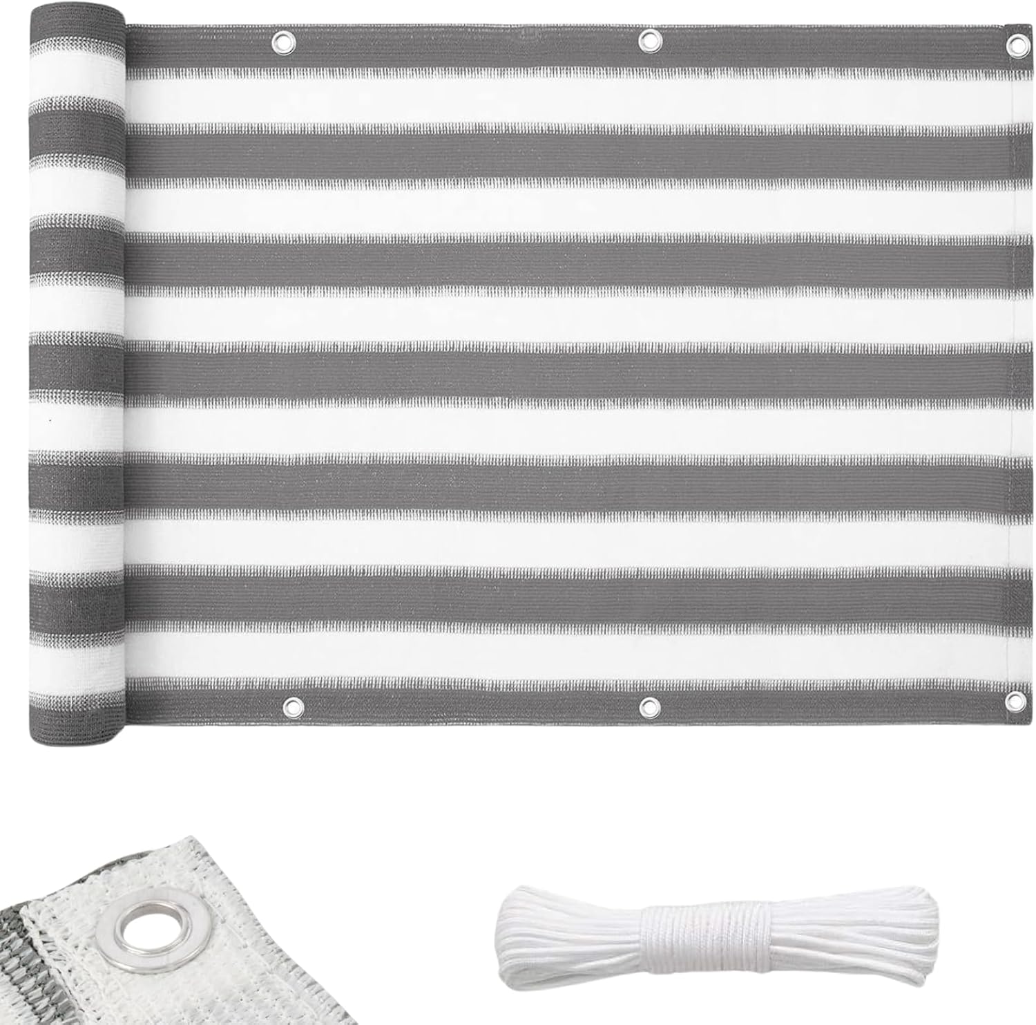 Brise-vue 5 Mètres Pour Balcon Avec Protection Uv 90%, Corde De Fixation De 12 Mètres Incluse, Rayé Gris-blanc