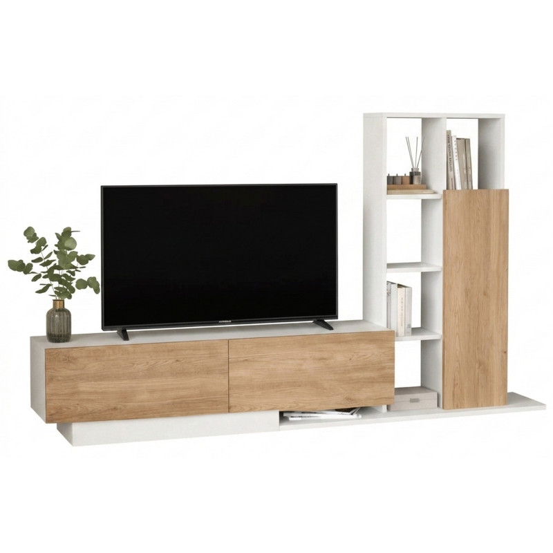 Meuble Tv Étagère Beaux Meubles Pas Chers 60 Pouces 3 Portes 11 Niches 201,2 Cm Chêne Blanc Mélaminé