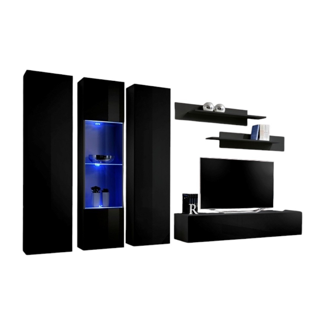Meublorama - Meuble Tv Fly C5 Design, Coloris Noir Brillant. Meuble Suspendu Moderne Et Tendance Pour Votre Salon.