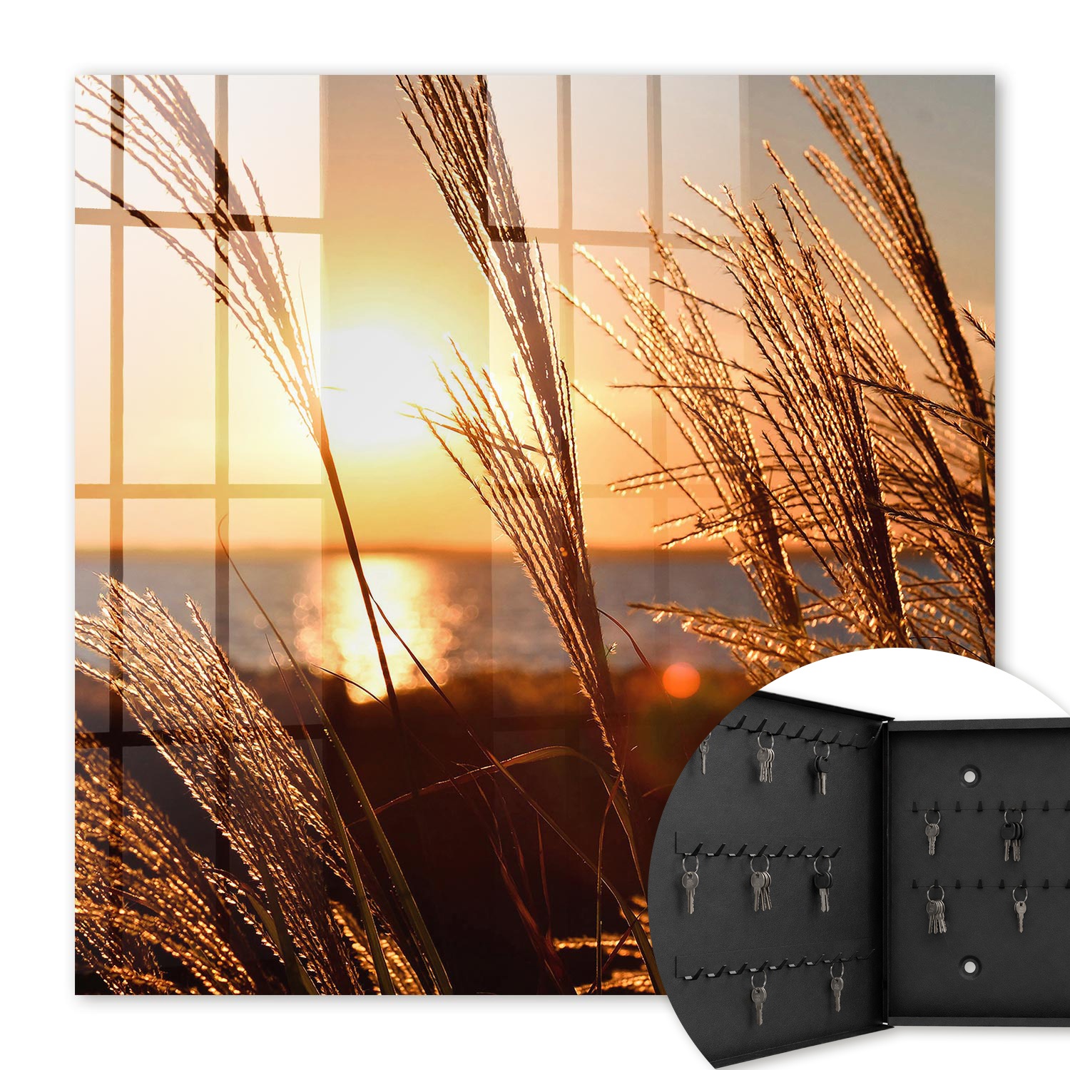 Armoire À Clés - (30 Cm X 30 Cm) - Boîte À Clés Murale - Coffret De Rangement Pour Clés - Couleur Noire - Ouverture Vers La Gauche - Pour Maison Et Bureau - Coucher De Soleil