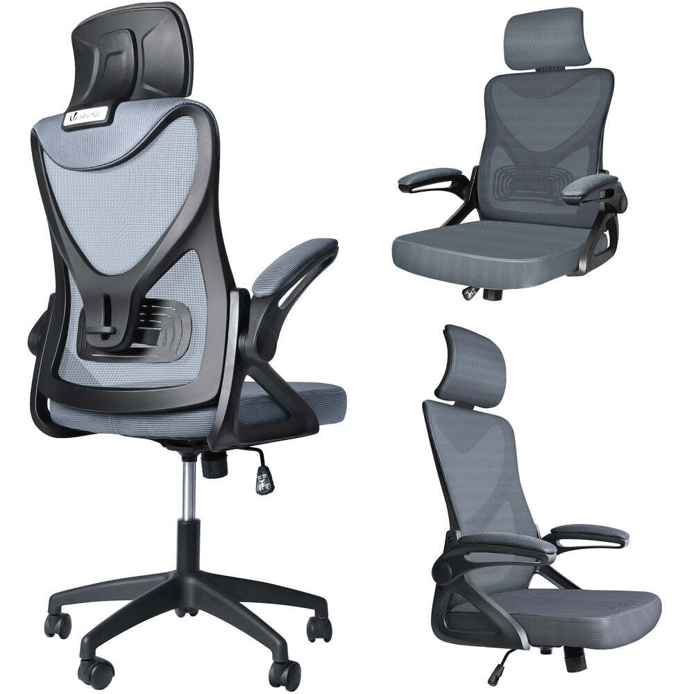 Vounot Fauteuil De Bureau Ergonomique Pivotant Avec Appui Tête Et Dossier Toile Respirant Gris
