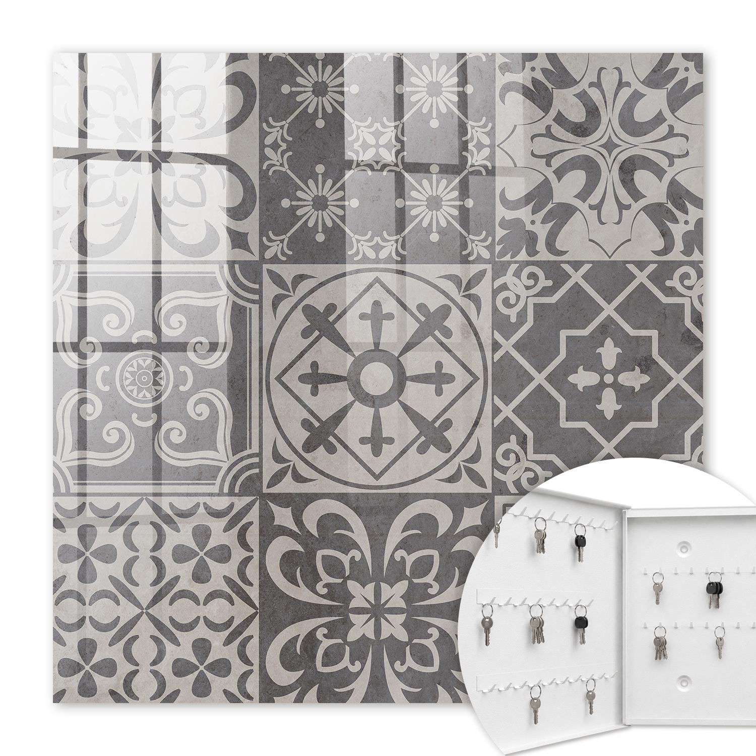Armoire À Clés - (30 Cm X 30 Cm) - Boîte À Clés Murale - Coffret De Rangement Pour Clés - Couleur Blanche - Ouverture Vers La Gauche - Pour Maison Et Bureau - Mosaïque De Motifs