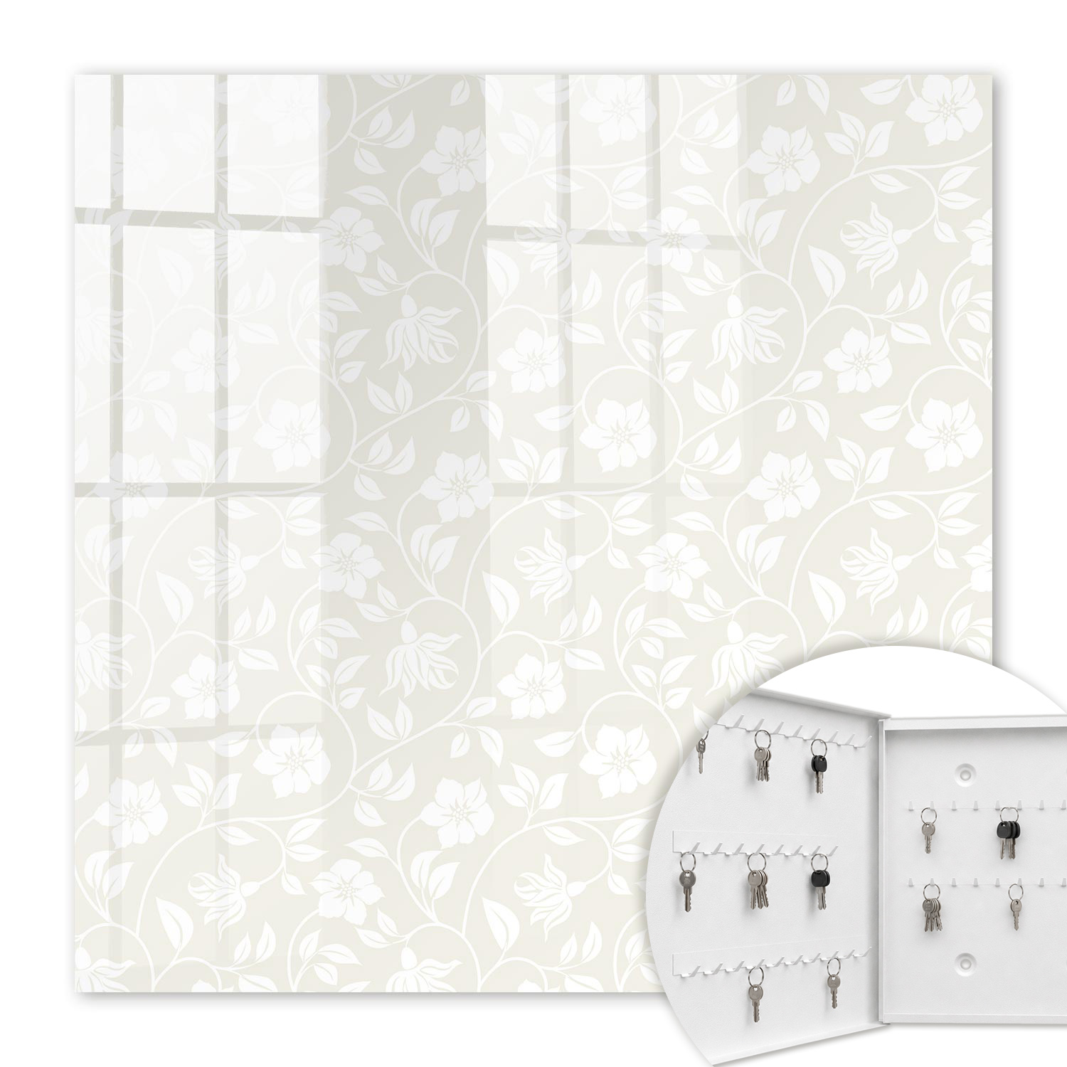 Armoire À Clés - (30 Cm X 30 Cm) - Boîte À Clés Murale - Coffret De Rangement Pour Clés - Couleur Blanche - Ouverture Vers La Gauche - Pour Maison Et Bureau - Motif Floral