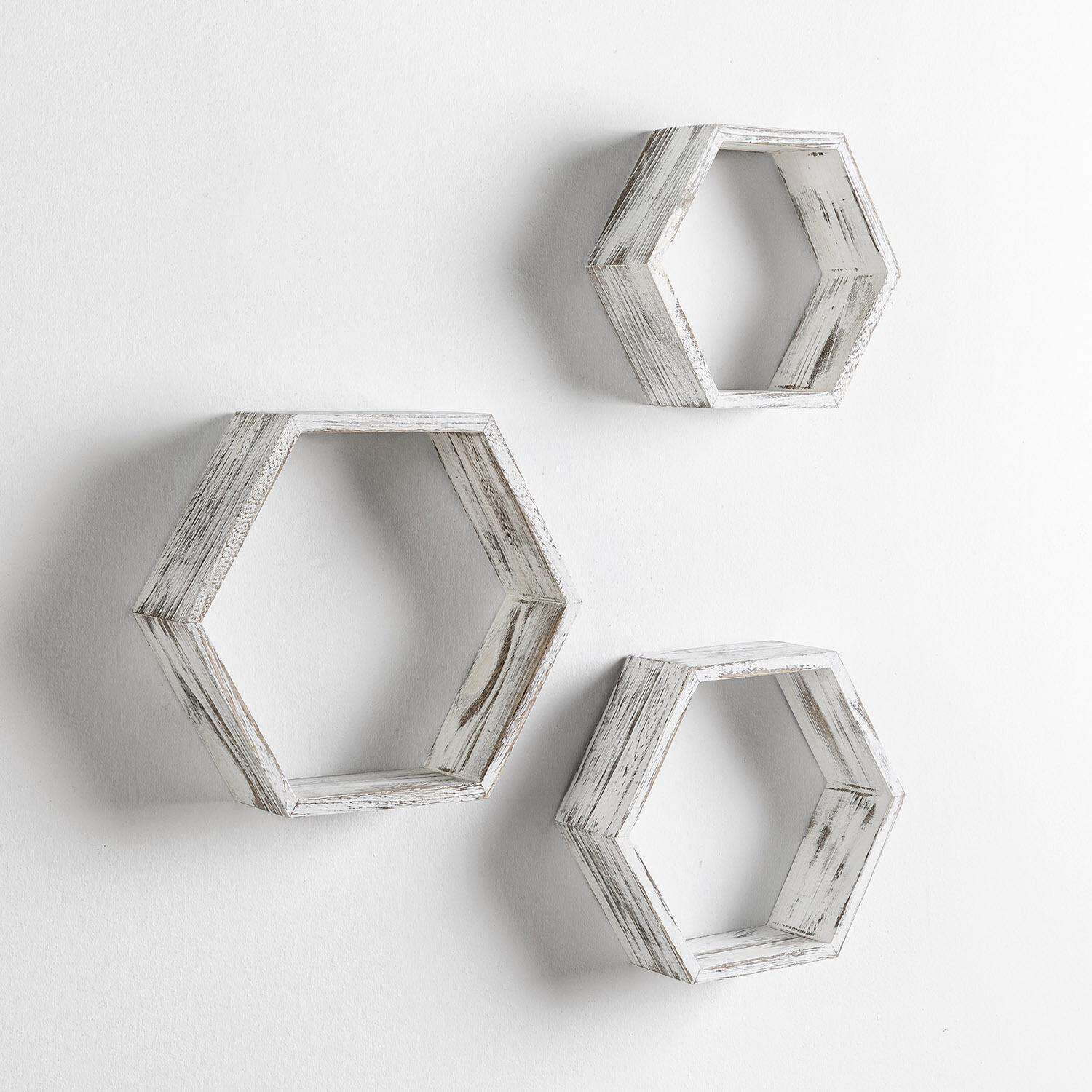Set De 3 Etagères Murales Nuno Hexagonales Blanc, Bois De Paulownia