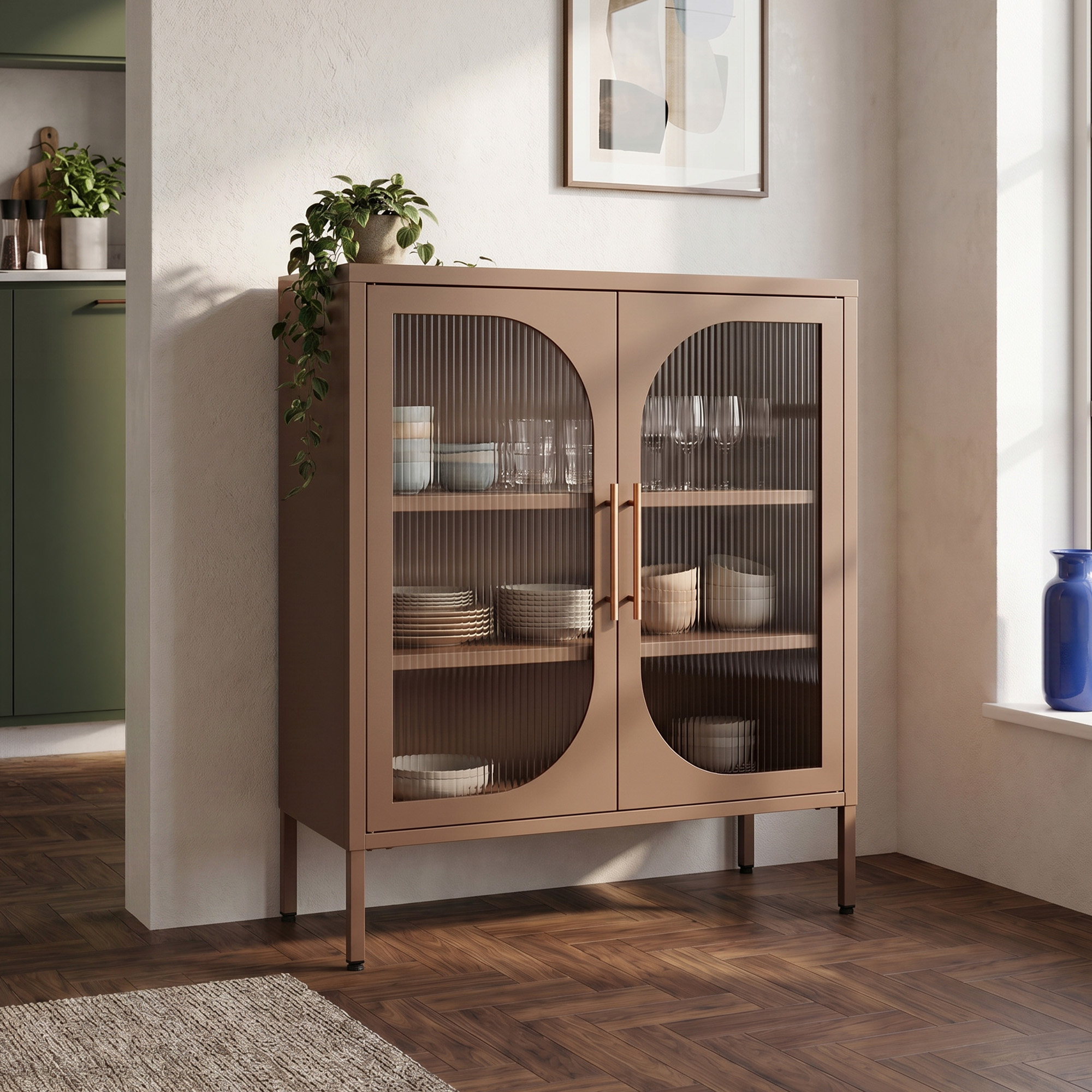 Sicaan Buffet Industriel En Métal 2 Portes Marron Et Verre Cannelé 80 Cm Luka