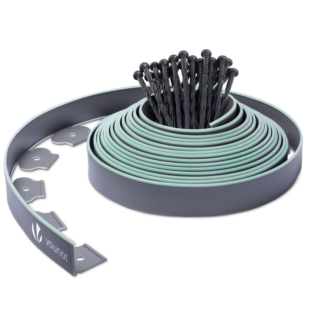 Vounot Bordure De Jardin Plastique Flexible 10m Avec Piquets Gris Bordé De Vert Clair