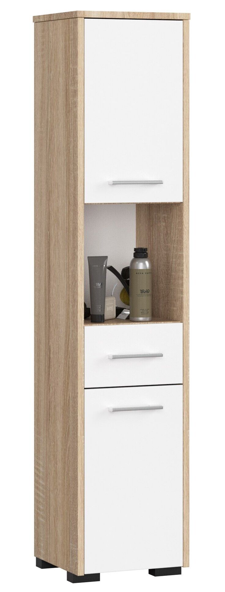 Colonne Salle De Bains Akord Fin Chêne Sonoma 30 Cm 2 Portes 1 Tiroir Façade Blanche 5 Étagères 30x30x140 Cm