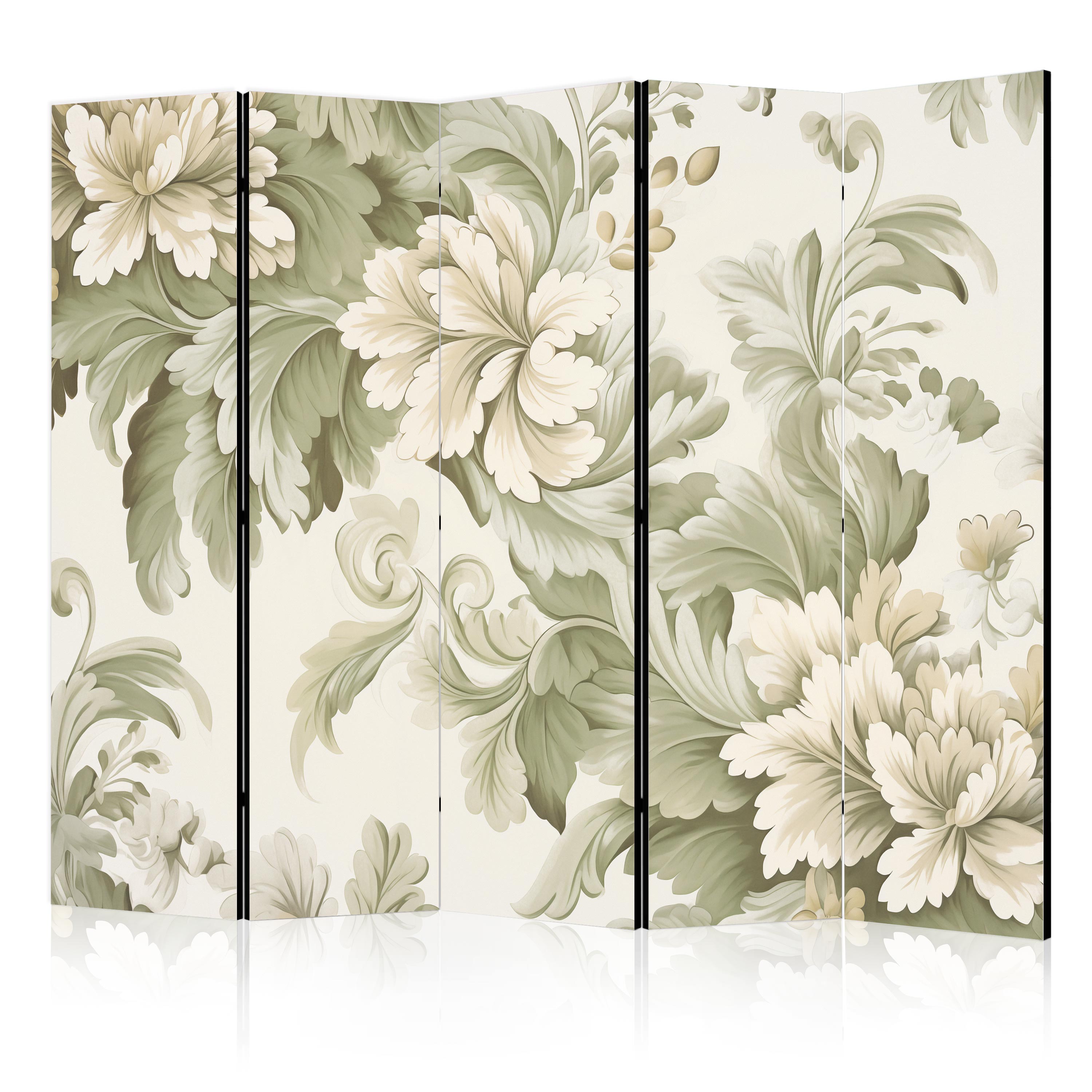 Paravent - Fleurs Rétro Vintage Aux Couleurs Crème Délicates Et Vertes. 225x172