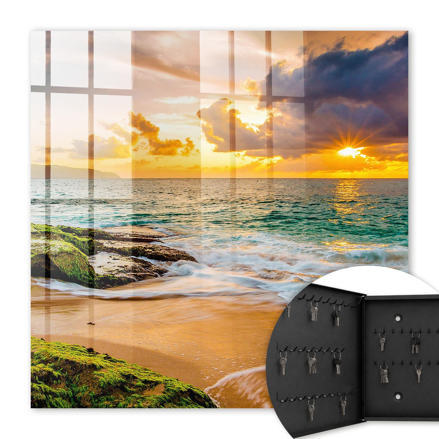Armoire À Clés - (30 Cm X 30 Cm) - Boîte À Clés Murale - Coffret De Rangement Pour Clés - Couleur Noire - Ouverture Vers La Gauche - Pour Maison Et Bureau - Coucher De Soleil