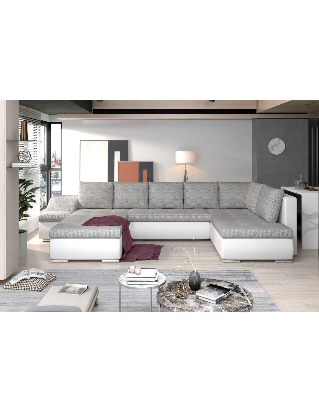 Canapé Panoramique Gyovani Gris Et Blanc Angle Gauche Convertible Pieds Métal
