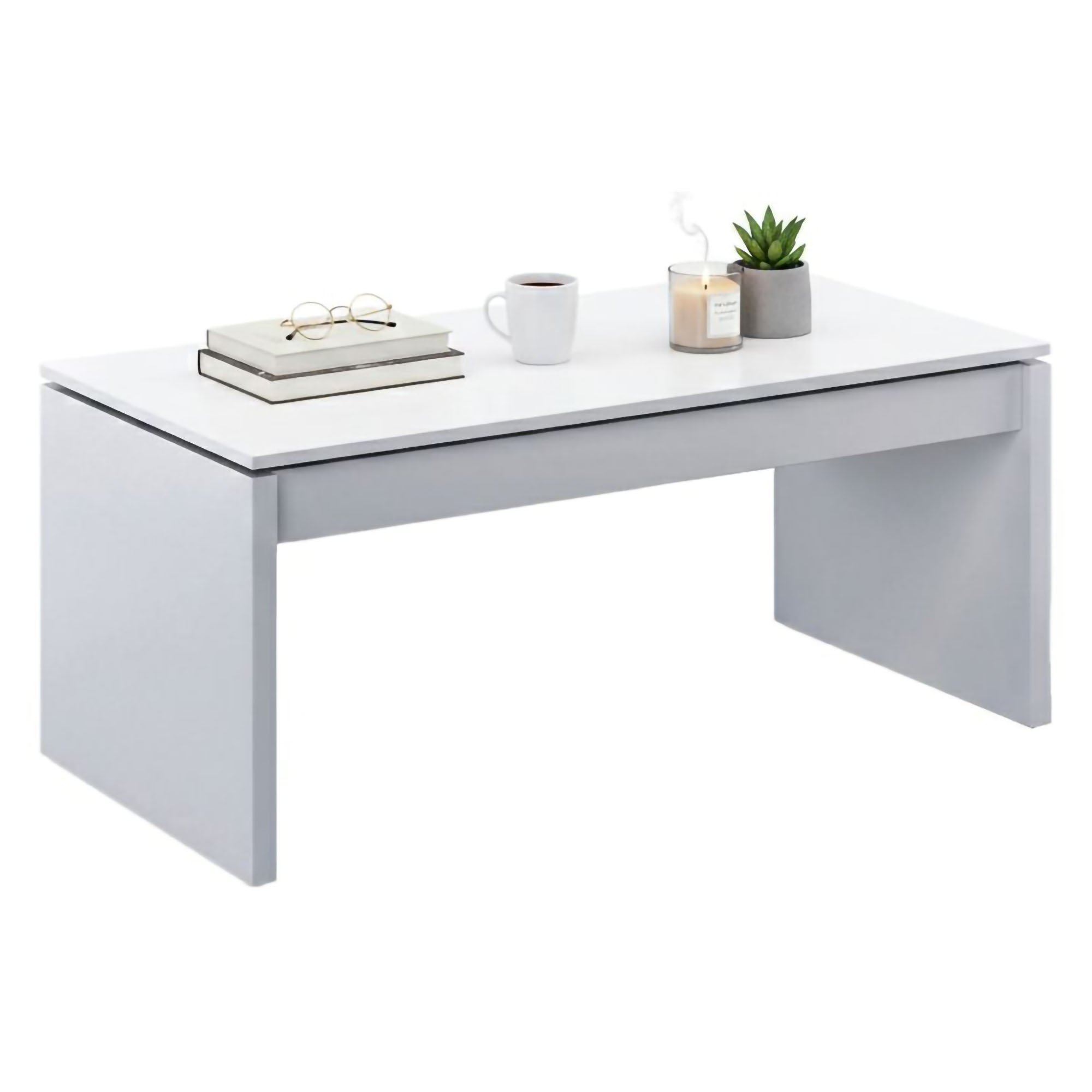 Table Basse,effet Bois,blanc Brillant,102x43h50 Cm