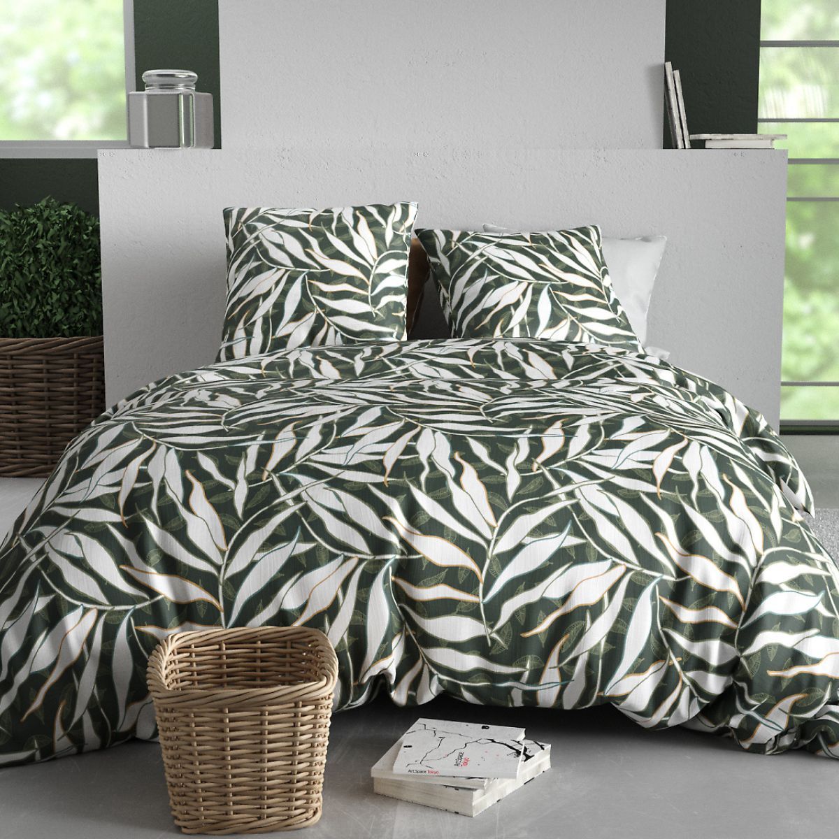 Parure Housse De Couette 260x240cm + 2 Taies Motif Feuillage Vert Et Blanc 100% Coton - Filiberte