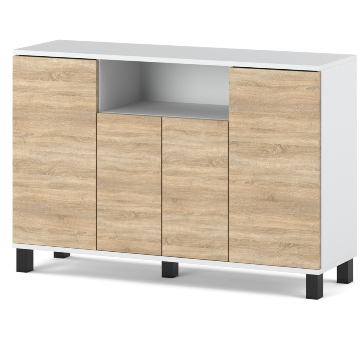 Commode Blanc + Chêne Sonoma 120 Cm 4 Portes - Meuble Tv Moderne Pour Salon Et Chambre - Buffet De Rangement Design