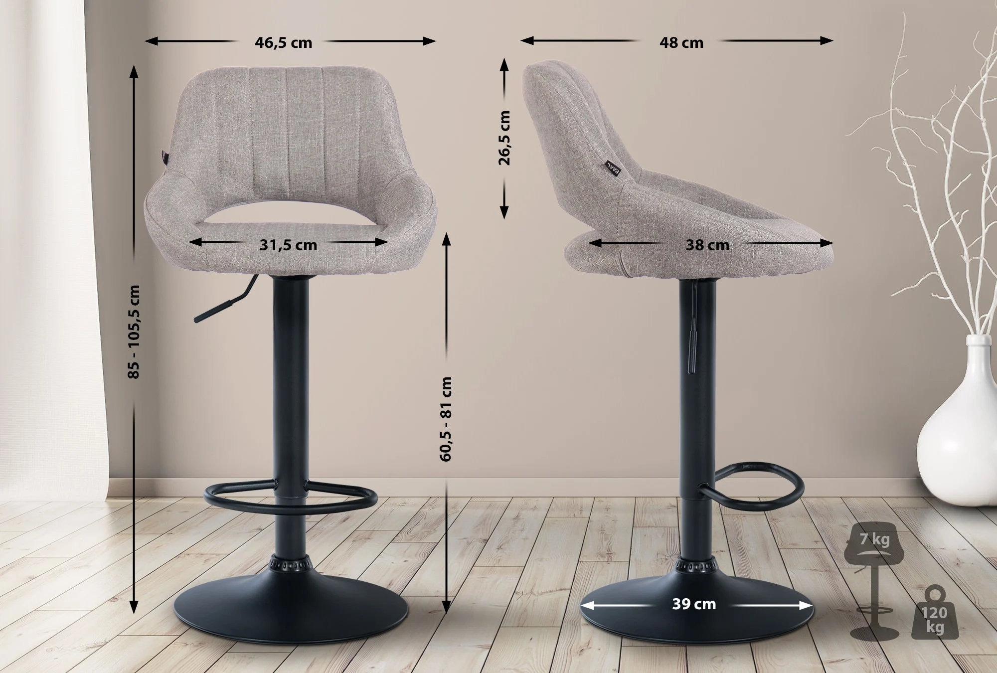 Tabouret De Bar Milet Tissu Noir Gris