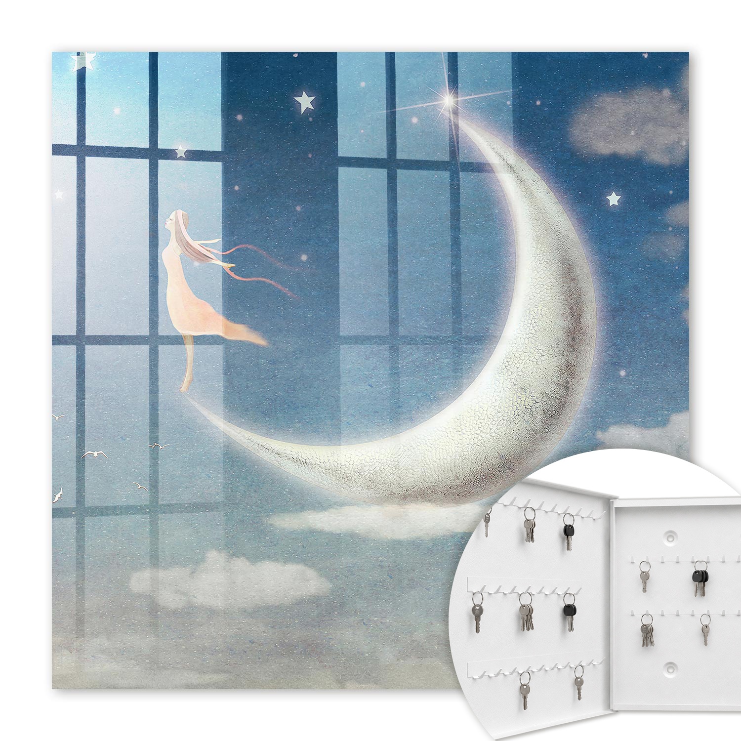 Armoire À Clés - (30 Cm X 30 Cm) - Boîte À Clés Murale - Coffret De Rangement Pour Clés - Couleur Blanche - Ouverture Vers La Gauche - Pour Maison Et Bureau - Voyage Céleste