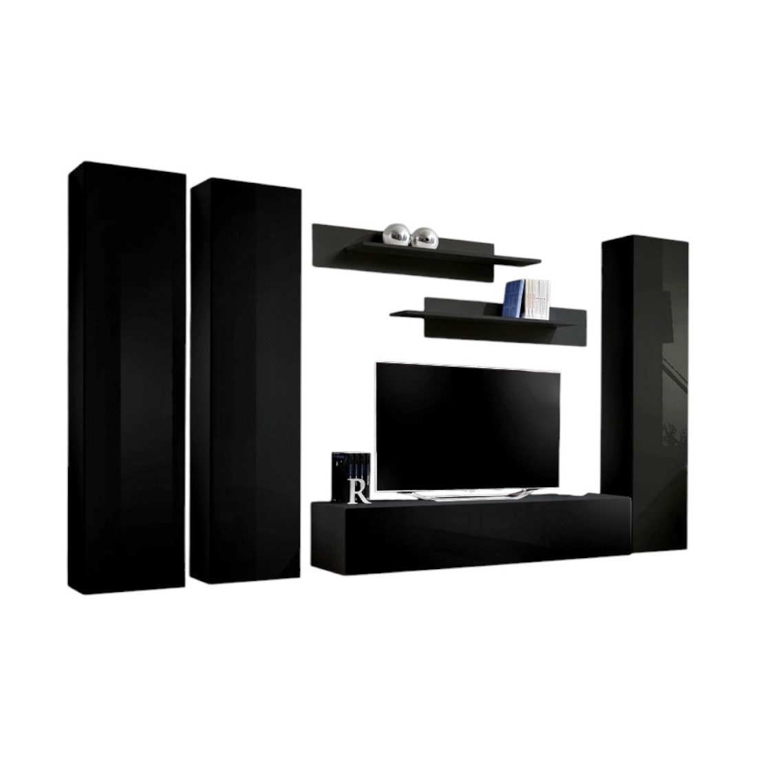 Meublorama - Meuble Tv Fly Design, Coloris Noir Brillant. Meuble Suspendu.
