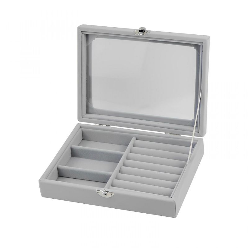 Organisateur De Bijoux En Velours Avec Couvercle En Verre, 3 Grilles + 7 Emplacements Pour Bagues Herzberg Hg05330