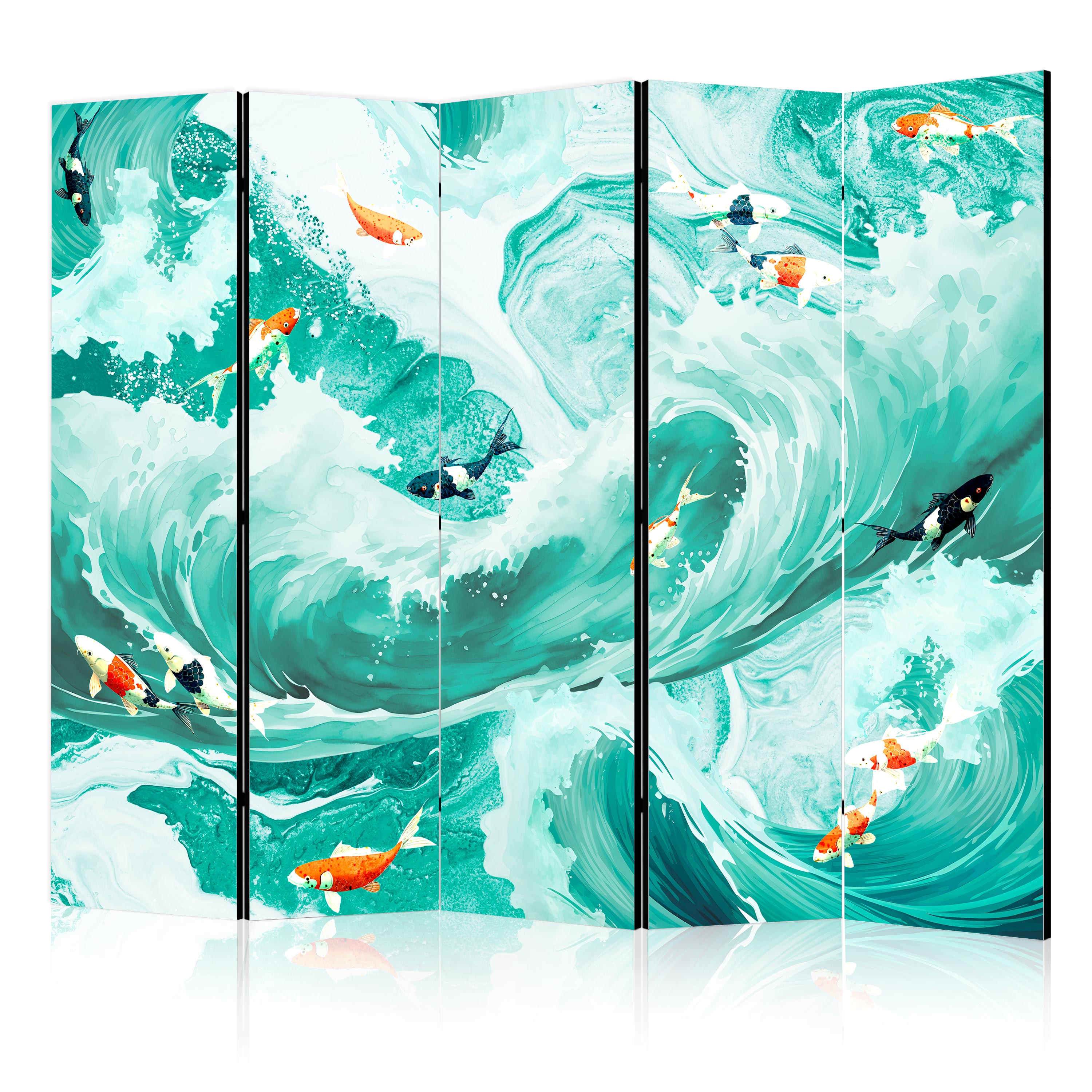 Paravent -poisson Japonais Dans Les Tons Turquoise Et Blanc 225x172