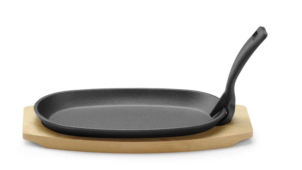 Plat En Fonte Avec Dessous En Bois Et Poignée Avec Pince, Noir, 280x140x(h)30mm - Hendi