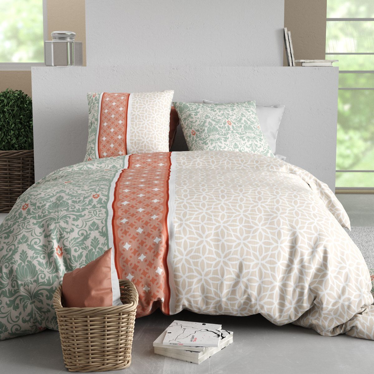 Parure Housse De Couette 240x220cm + 2 Taies Motif Arabesques Multicolore 100% Coton - Evaele