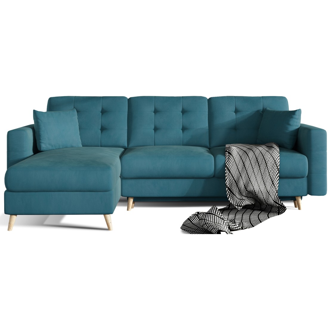 Canapé D'Angle Convertible Hasgard 3 Places Bleu 248x162 Cm - Coffre Et Pieds Bois