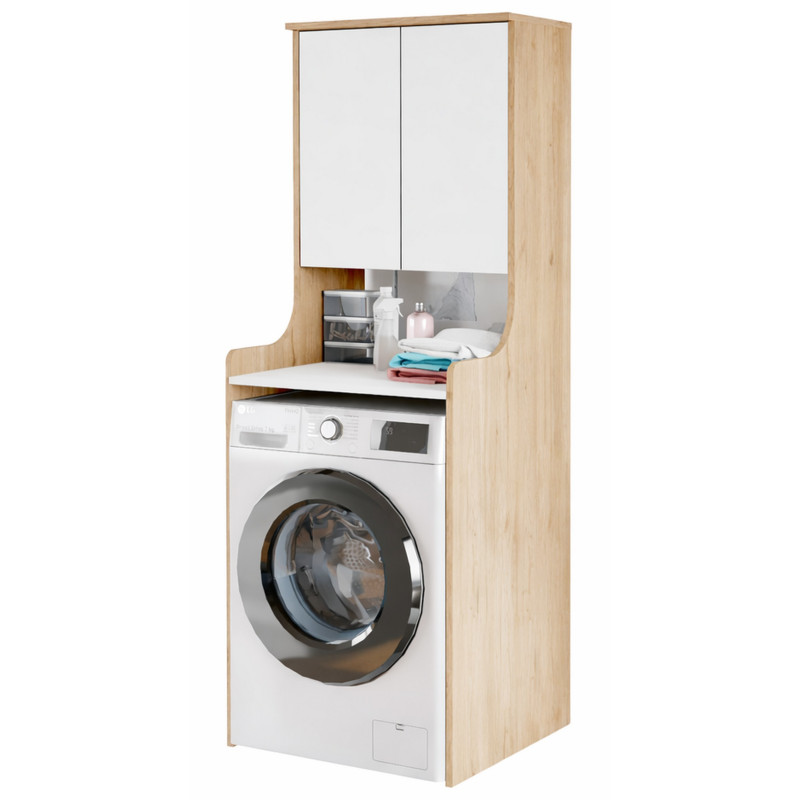Meuble Lave-linge Beaux Meubles Pas Chers 2 Portes 3 Niches Chêne Blanc Mélaminé