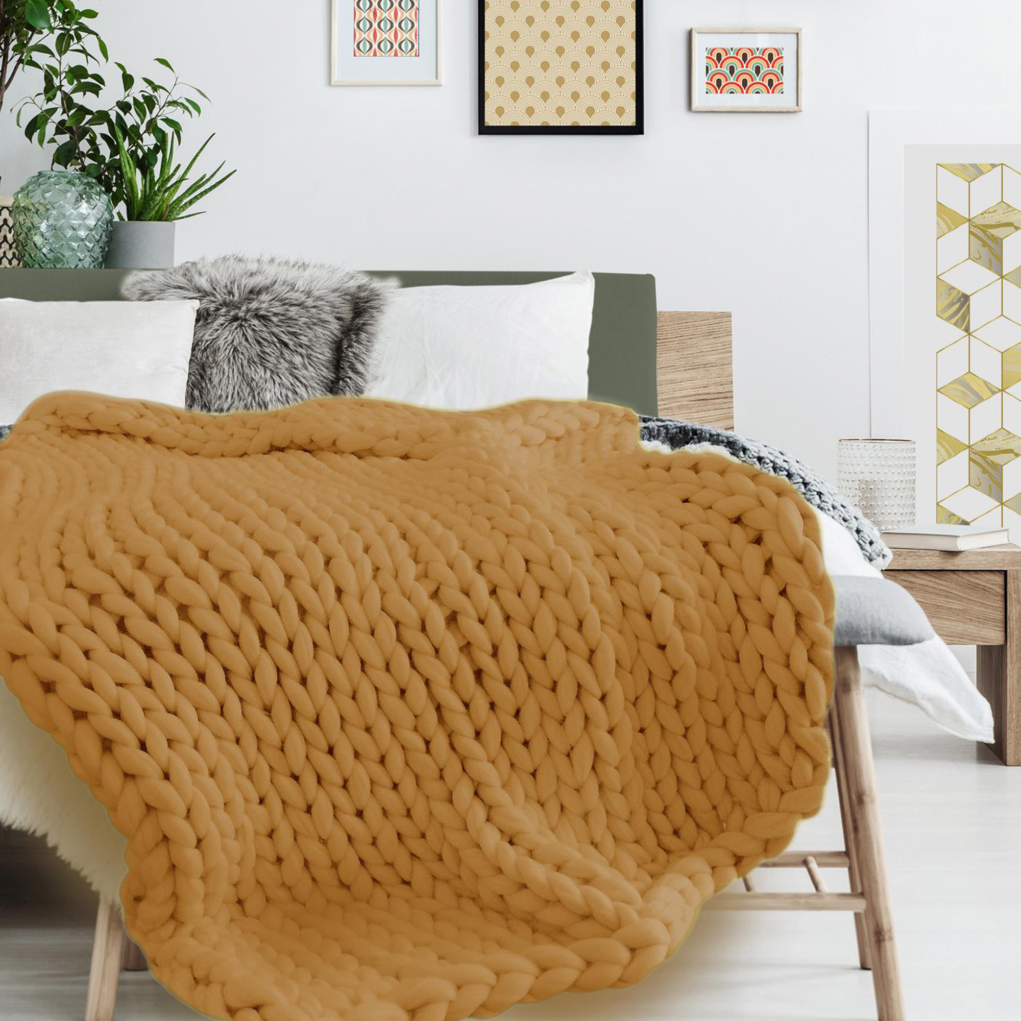 Plaid Tricoté Grosse Maille 120x150 Cm Chunky Jaune