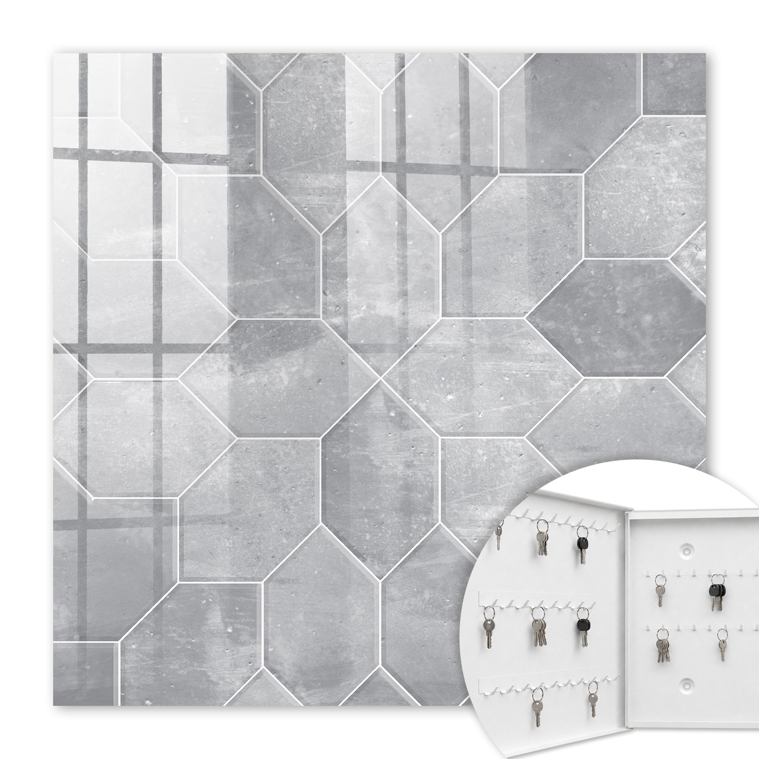 Armoire À Clés - (30 Cm X 30 Cm) - Boîte À Clés Murale - Coffret De Rangement Pour Clés - Couleur Blanche - Ouverture Vers La Gauche - Pour Maison Et Bureau - Géométrie Grise