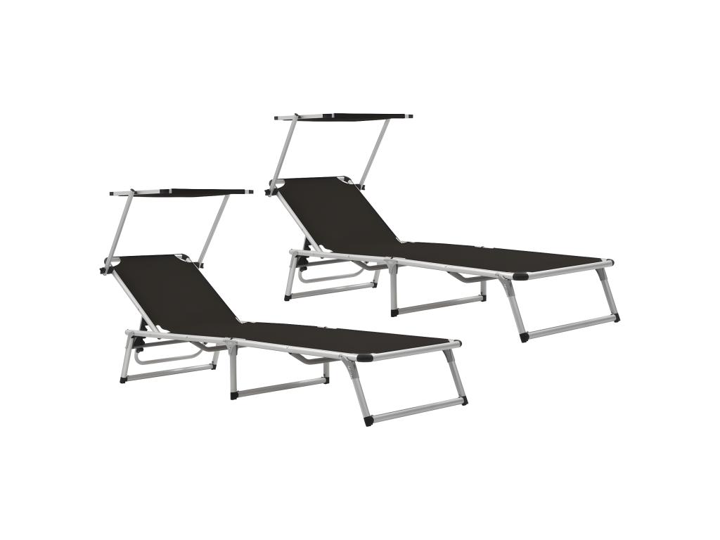 Chaises Longues Pliables Et Toit 2 Pièces Aluminium Textilène Noir 02_0011958